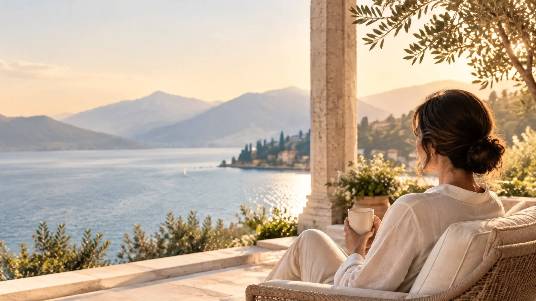 A woman pausing by the water in a quiet moment of reflection