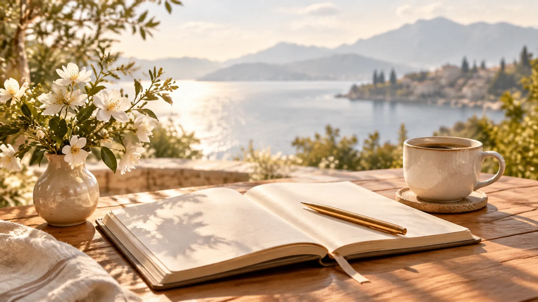 A journal and coffee on a sunny table overlooking the lake