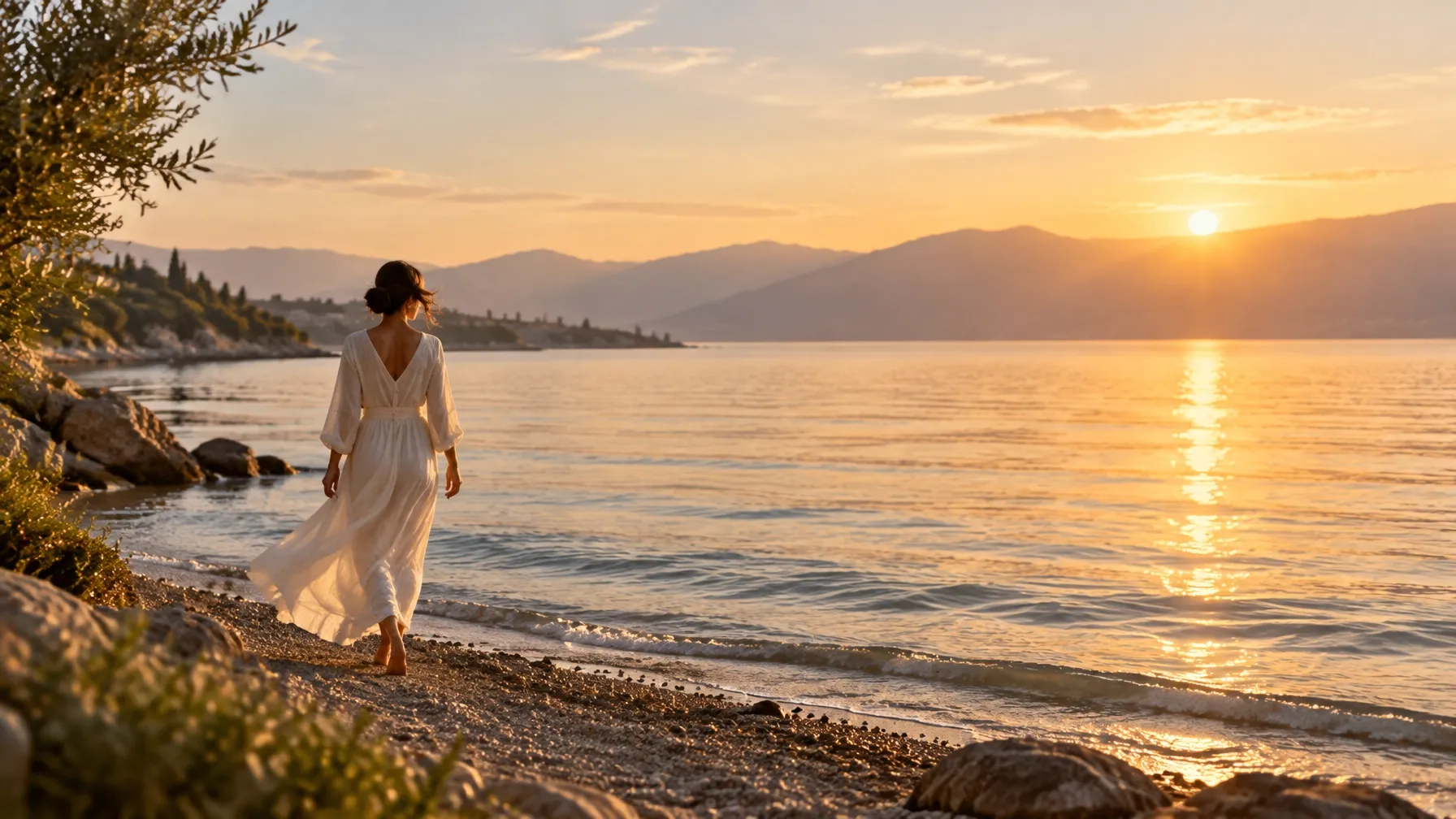 A woman walking toward the water at golden hour