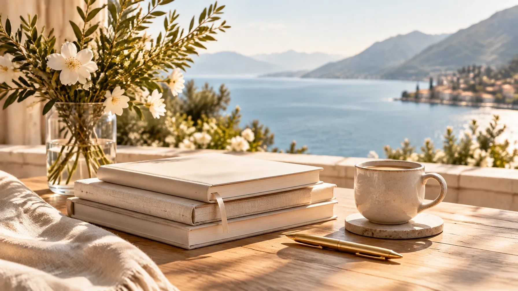 A journal, flowers, and coffee on a sunny lakeside terrace